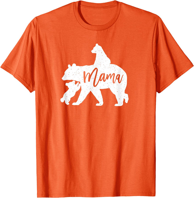 Artsy Mommy Bear Silhouette Nature Family Gifts Mama Bear 2 Baby Bear Cubs Playing Riding on Back T-Shirt - Orange