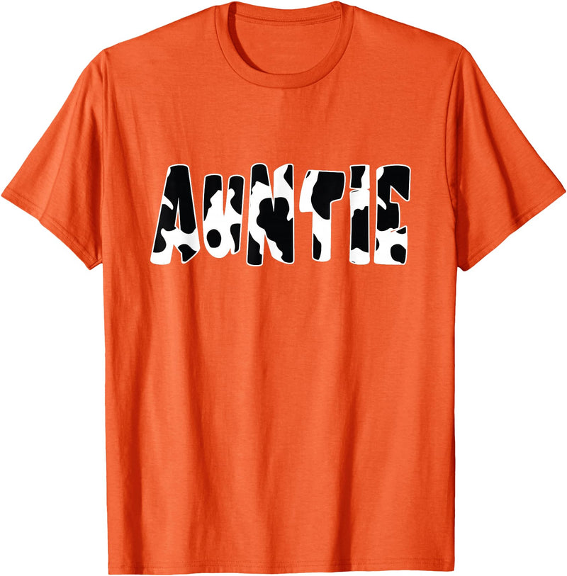 funny saying Gifts for Family Members and more Auntie Cow Print Cow Pattern T-Shirt, Black - Orange