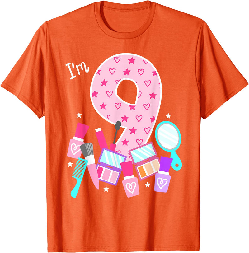 Birthday Girl Spa Squad Outfit Gifts Shop Spa Birthday Party I'm 9 Girls Makeup 9th Bday Kids Toddlers T-Shirt - Orange