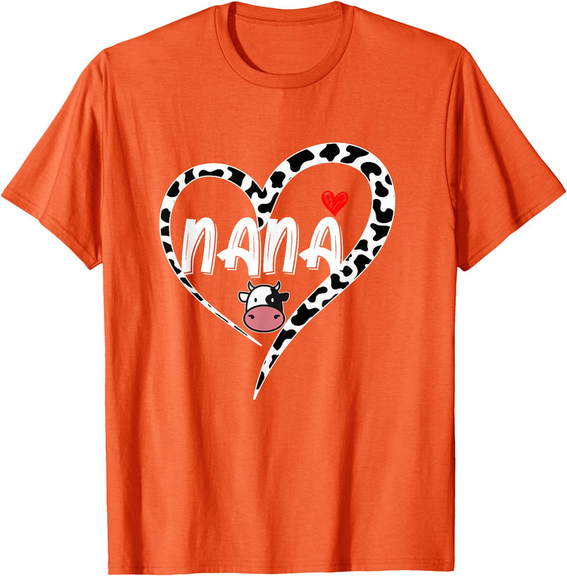 Black White Family Cow Farm Nana Cow Print Cow Heart Pattern Farmer Cows Mother's Day T-Shirt - Orange