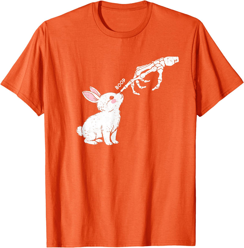 Cute Skeleton Hand Boop Bunny Rabbit Funny Easter Day T-Shirt in Orange