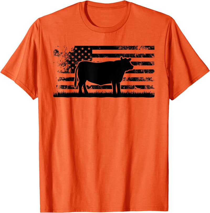 Funny Red Angus Rancher Gift for Cattle Lover USA American Flag - America Cow Red Angus Rancher T-Shirt - Orange