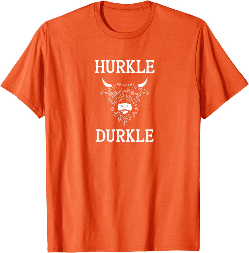The Kilted Crow Hurkle Durkle Funny Scotland Highlands Cow Graphic T-Shirt - Orange