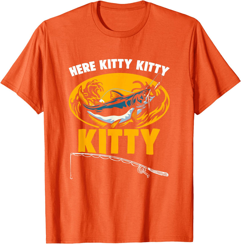 Fisherman Catfish Fishing Apparel Here Kitty Fisher Fish Rod Angler Fisherman Catfish Fishing T-Shirt - Orange