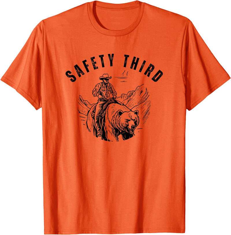 Exteevaganza Safety Third Cowboy Riding Bear Humorous Graphic T-Shirt - Orange
