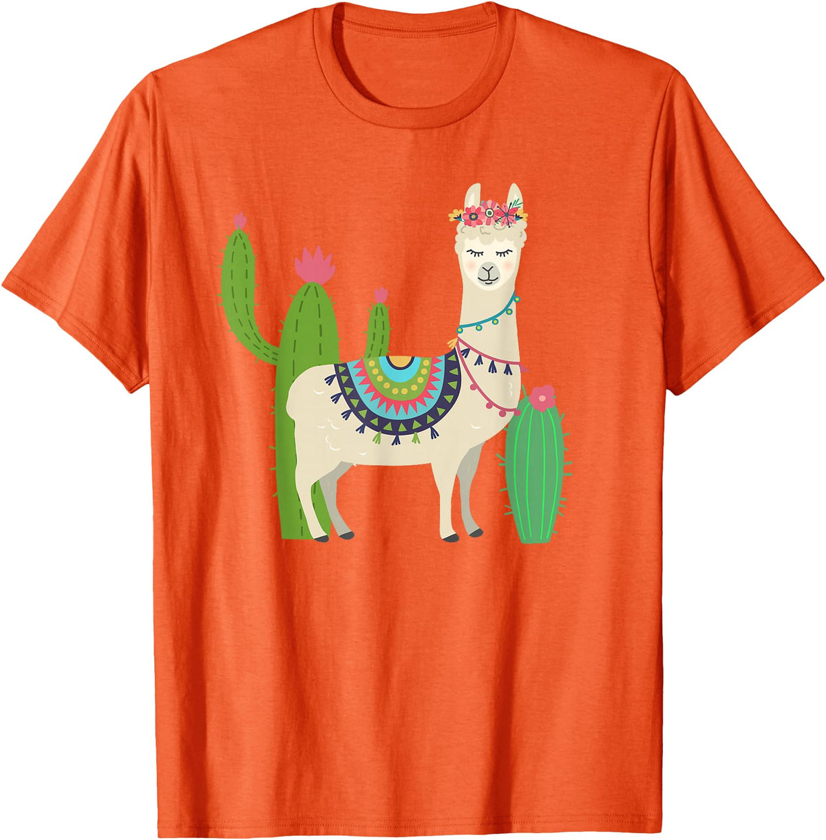 Captivaca Llama Shirts Cute Llama with Flower & Cactus/Llama Lover Gift T-Shirt Small - Orange