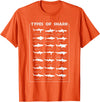 I Love Sharks Design T-Shirts 360 21 Types of Shark | Marine Biology Gift T-Shirt - Orange