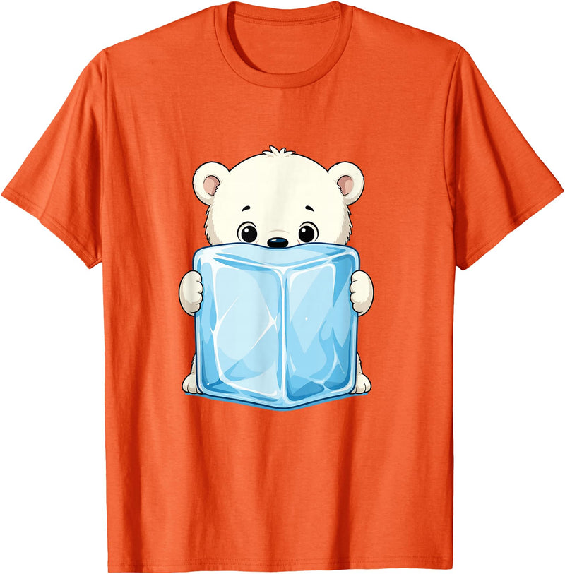 Cute Arctic Polar Bear With Ice Cube Kawaii Baby Polar Bear Holding Ice Cube Cartoon T-Shirt - Orange