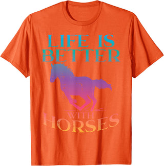 Horse Riding Shirts Women Girls Equestrian Gifts Life Is Better With Horses Rider Equestrian Men Women T-Shirt - Orange