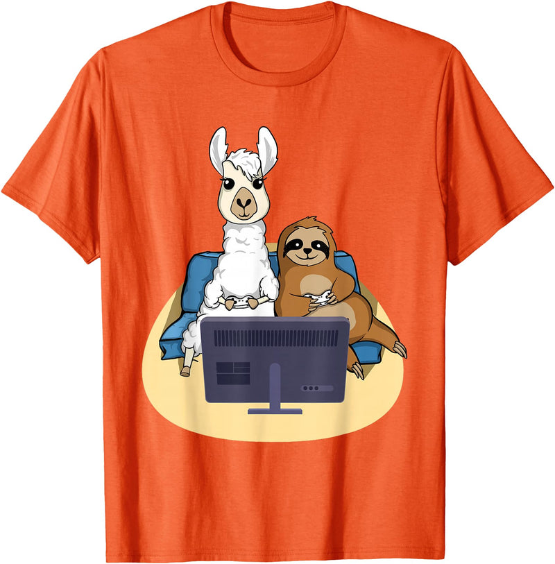 Funny Llama Shirts Sloth And Llama Gamer - Zookeeper Zoo Animal Lovers T-Shirt - Orange