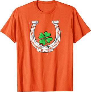 Lucky Clover Horses Co Horseshoe Lucky Four Leaf Clover Horse T-Shirt - Orange