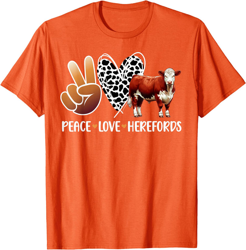 Cute Hereford Cattle Hereford Cow Boy Peace Love Hereford Cow Lover Hereford Cow Girl T-Shirt - Orange