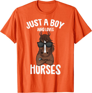Cute Horse Owner Gifts Just a Boy who Loves Horses Equestrian Horseback Riding Kids T-Shirt - Orange