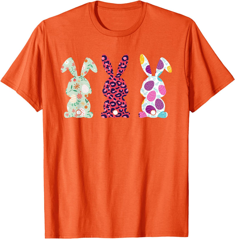 Cute Pink Leopard Eggs Flower Happy Easter Bunny Rabbit T-Shirt in Orange