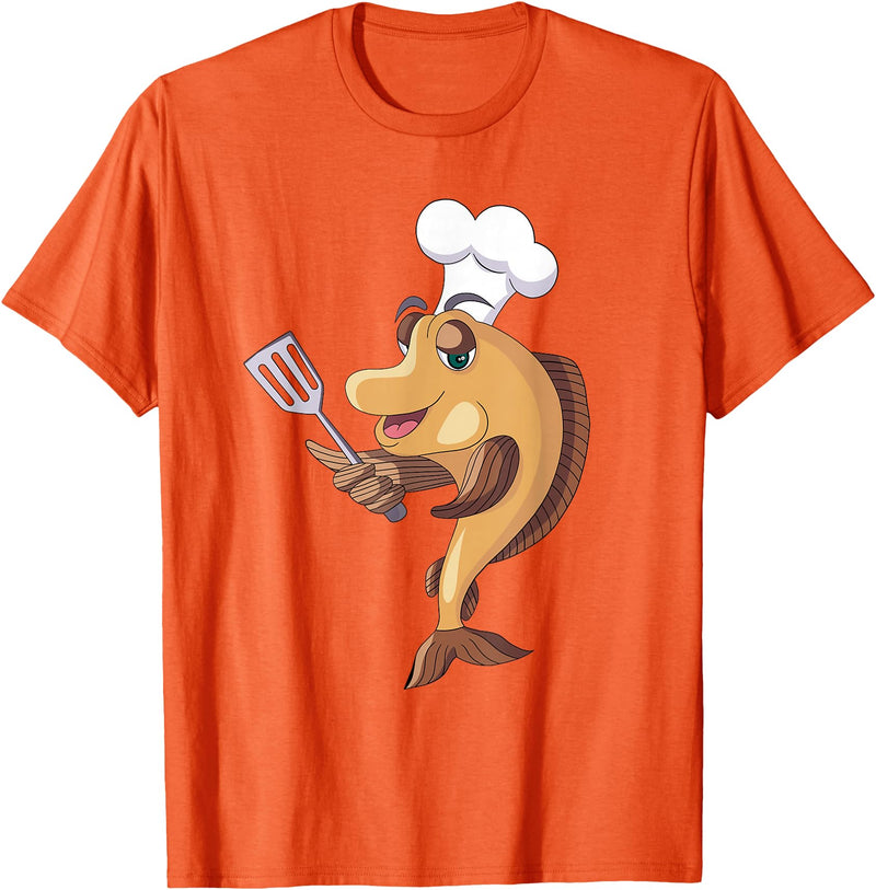 Cool Fish Character Apparel & Co. Fish Chef Fishing and Cooking T-Shirt - Orange