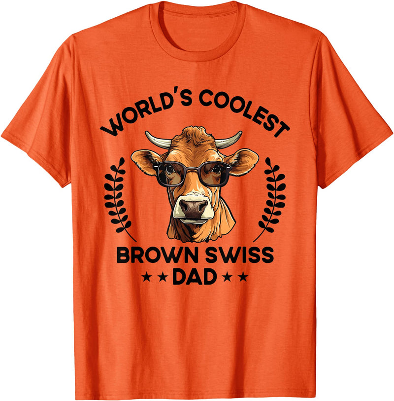 The Woof Wardrobe World's Coolest Cow Dad Papa - Men Farmer Brown Swiss T-Shirt - Orange