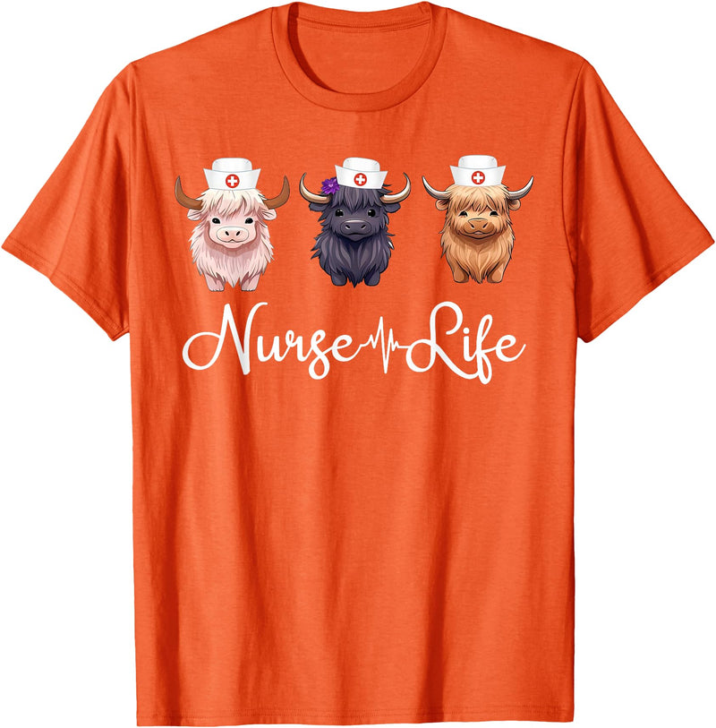 Highland Cow Nurse Life Costume Cute Highland Cow Nurse Life Farm Animal Lover Nursing T-Shirt - Orange