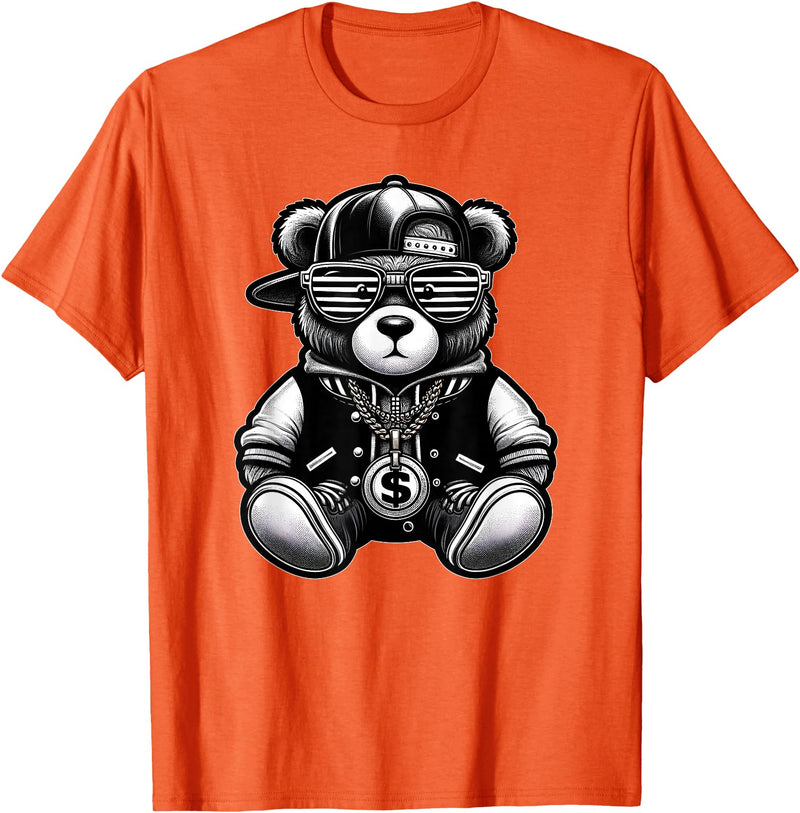 Teddy Bear Hip Hop Lovers Men Women & Kids Funny Hip Hop Teddy Bear 90s Graffiti Art Rap Lover Gangsta T-Shirt - Orange