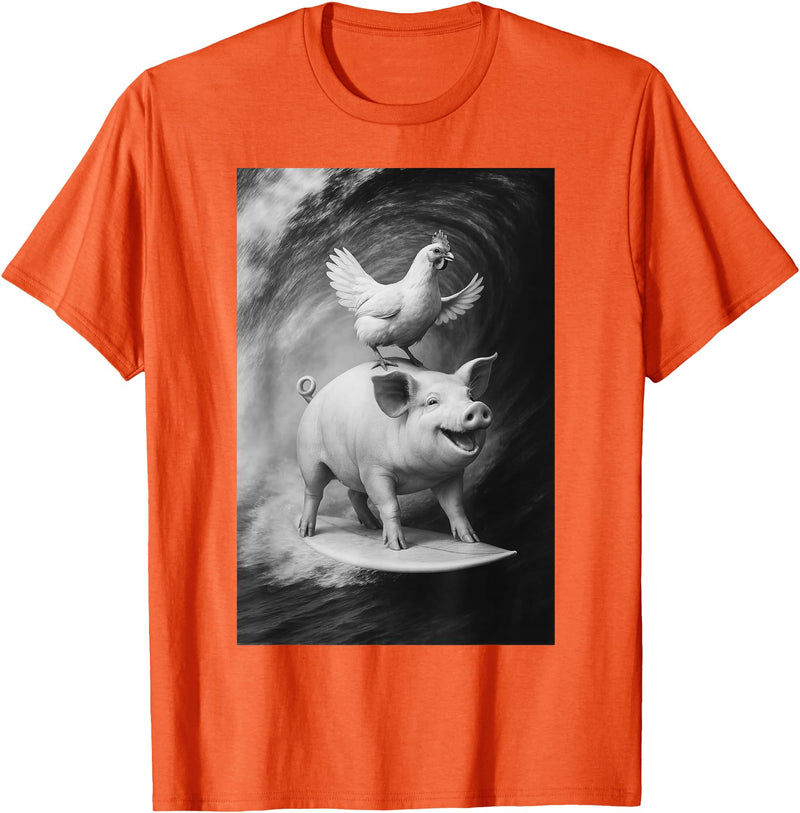 Surf Animal Lovers Funny Pet Summer Waves Vibes. Funny Surfing Pig and Chicken Selfie On Farm Animal T-Shirt - Orange