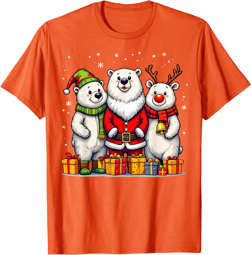 Christmas Polar Bear Santa Elf Reindeer Holiday Cute Christmas Polar Bears in Santa Elf and Reindeer Costume T-Shirt - Orange