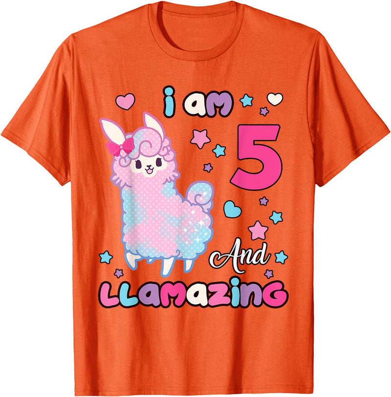 Llamazing Birthday Girl Llama Family BW Art Llama I Am Five and Llamazing 5 Years Old 5th Birthday Girl T-Shirt - Orange
