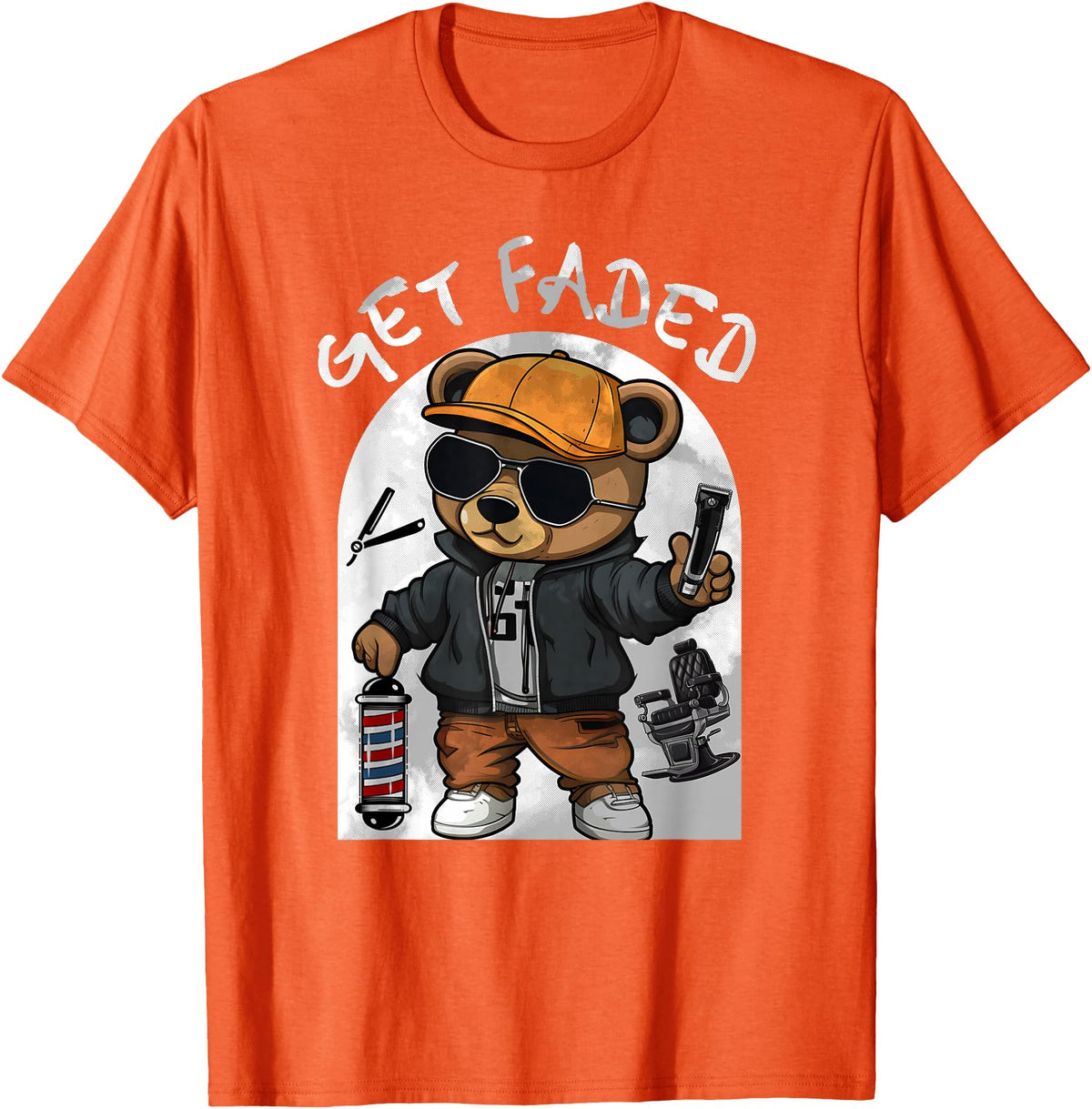 Black Barbershop African American Barber Designs Get Faded Hip Hop Teddy Bear Barber Streetwear Fade Haircut T-Shirt - Orange