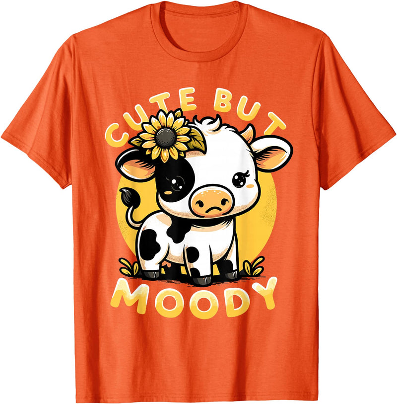 Cowgirl & Cow Lover Calf Gifts for Girls &Women Cute But Moody, Cute Cow, Kids, Farm & Baby Cow Sunflower T-Shirt - Orange