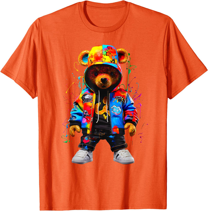 Hip-Hop Teddy-Bear Aesthetic Urban StreetWear Co. Hip-Hop Teddy-Bear Colorful Teddybear with Hoodie Graphic T-Shirt - Orange