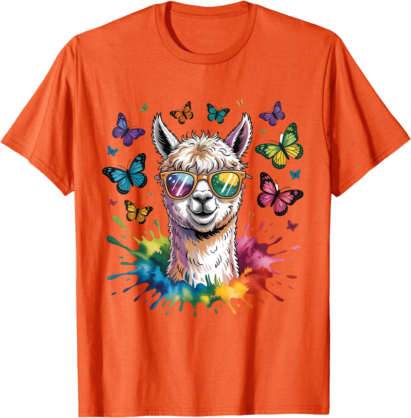 Funny Llama Lover Graphics Cute Llama with Sunglasses Animal Art Graphic Funny Alpaca T-Shirt - Orange