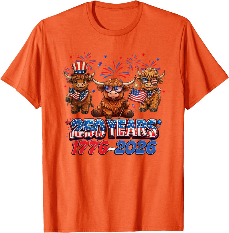 Scottish Highland Cow Print 250th Anniversary Gift 250 Years America Anniversary Cow 4th July America 1776 2026 T-Shirt -