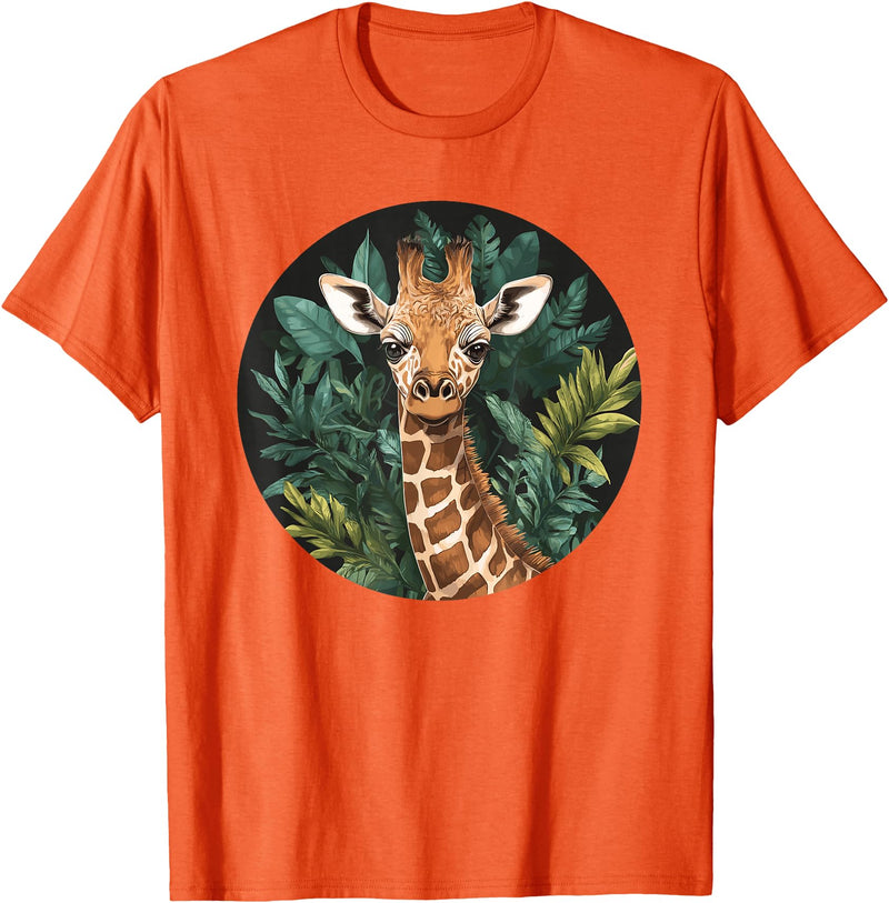 Nature Wildlife Giraffe Safari Jungle Giraffe With Tropical Jungle Leaves T-Shirt - Orange