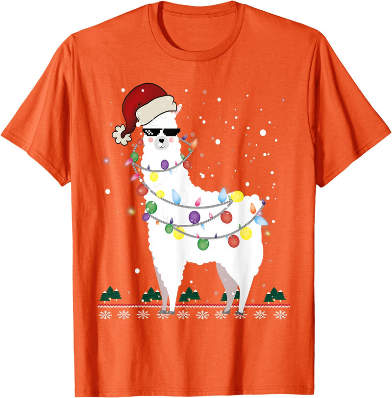 Christmas Llama Santa Hat Ugly Xmas Tee Christmas Llama Santa Hat Ugly Xmas Tree Alpaca Gift T-Shirt - Orange