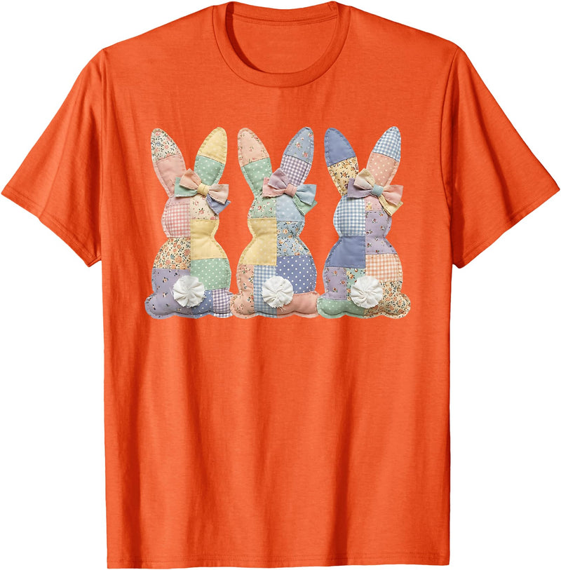 Easter Patchwork Bunny Cute Bunny Rabbit Coquette Lace Bow T-Shirt in Orange