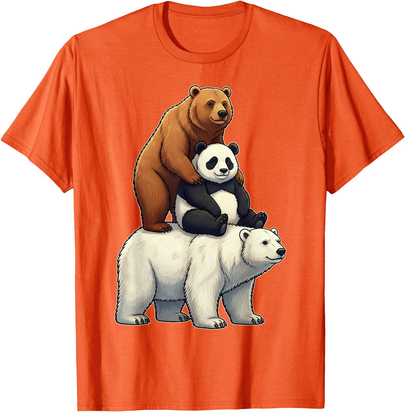 Cute Bear Panda Polar Bear Stack Funny Wildlife Funny Bears Stacked Panda Grizzly Polar Bear Trio Meme Art T-Shirt - Orange
