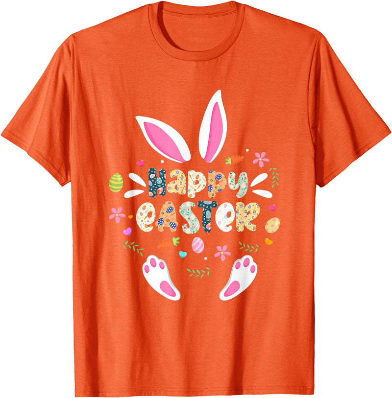 Happy Easter Bunny Rabbit Face Funny Easter Day Women Girls T-Shirt (Navy Blue) in Orange