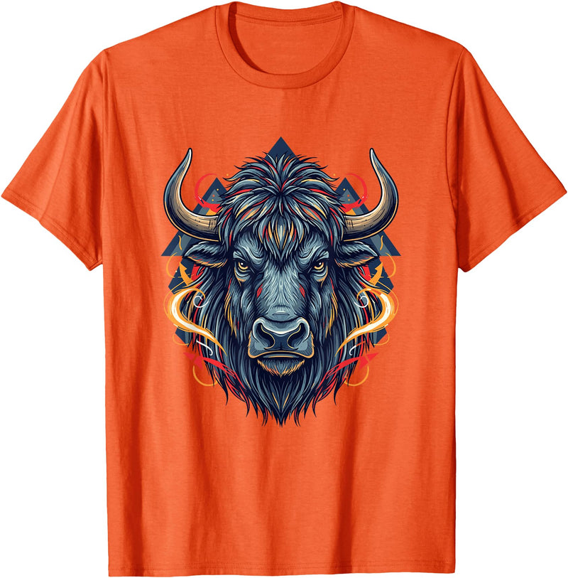 Wild Buffalo Bison Tribal Western Spirit Fierce Wild Bison Head Tribal Geometric Buffalo T-Shirt - Orange