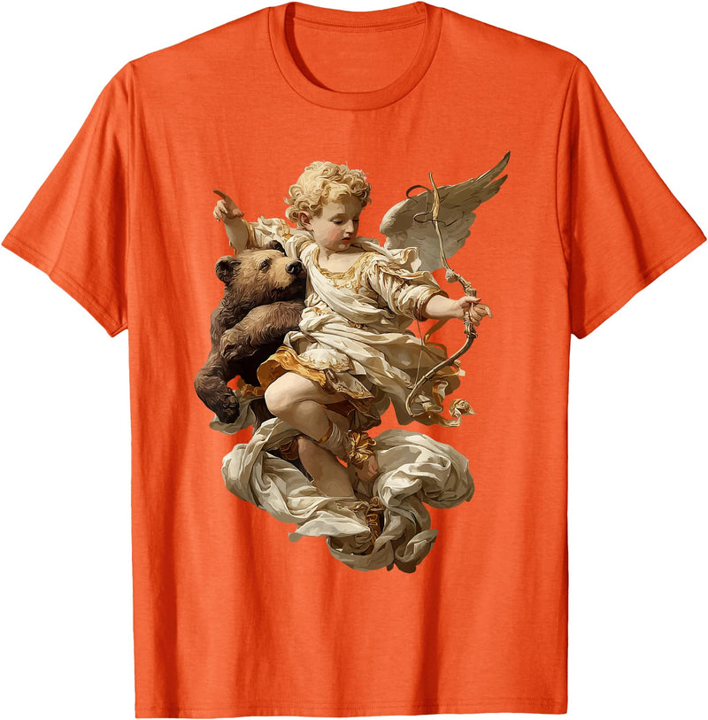 Vintage Angel Aesthetic Classical Art Cute Cherub Angel with Bear Baroque Renaissance Aesthetic T-Shirt - Orange