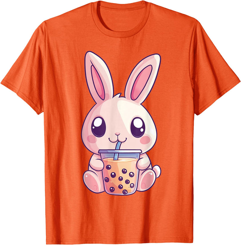 Kawaii Bunny Rabbit Boba Tea Anime Cute Easter Graphic T-Shirt in Orange