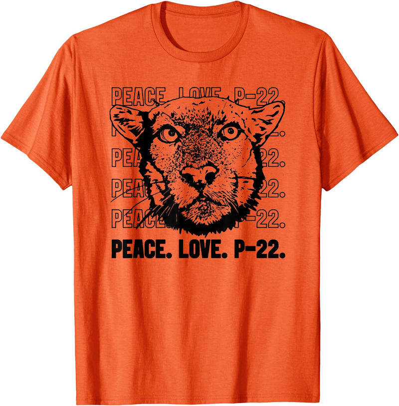 P22 Mountain Lion Tee Shirts for Nature Lovers P-22 Mountain Lion Legend LA California Art P22 Peace Love T-Shirt - Orange