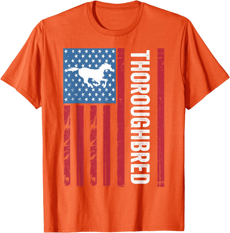 Thoroughbred by AKH Thoroughbred Horse with American Flag, OTTB, Thoroughbred T-Shirt - Orange