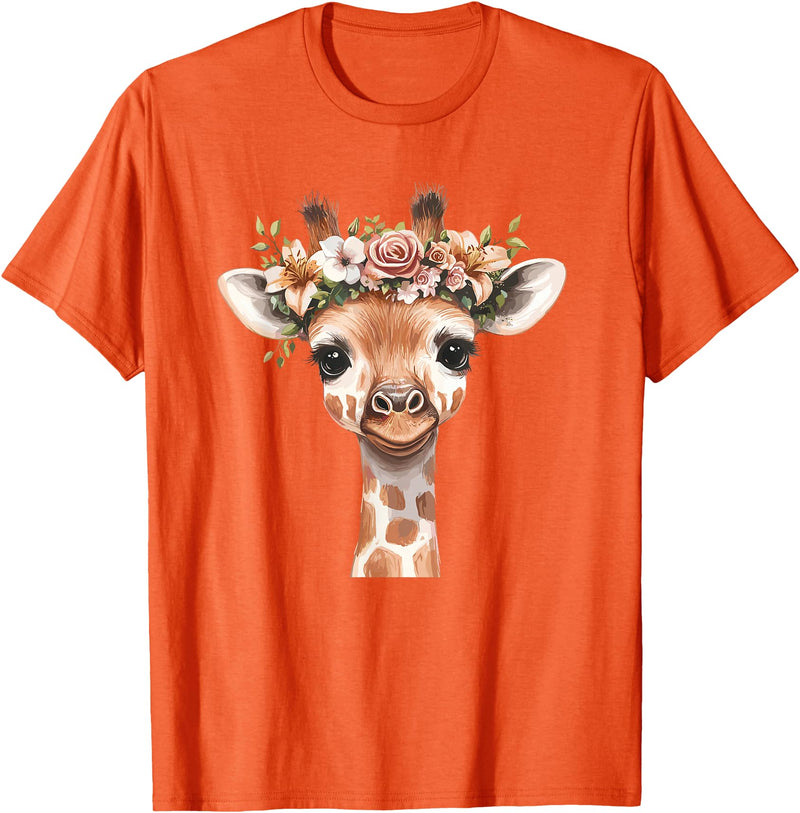 Floral Giraffe Animal Lovers Wild Nature Cute Animal Flower Crown Giraffe T-Shirt - Orange