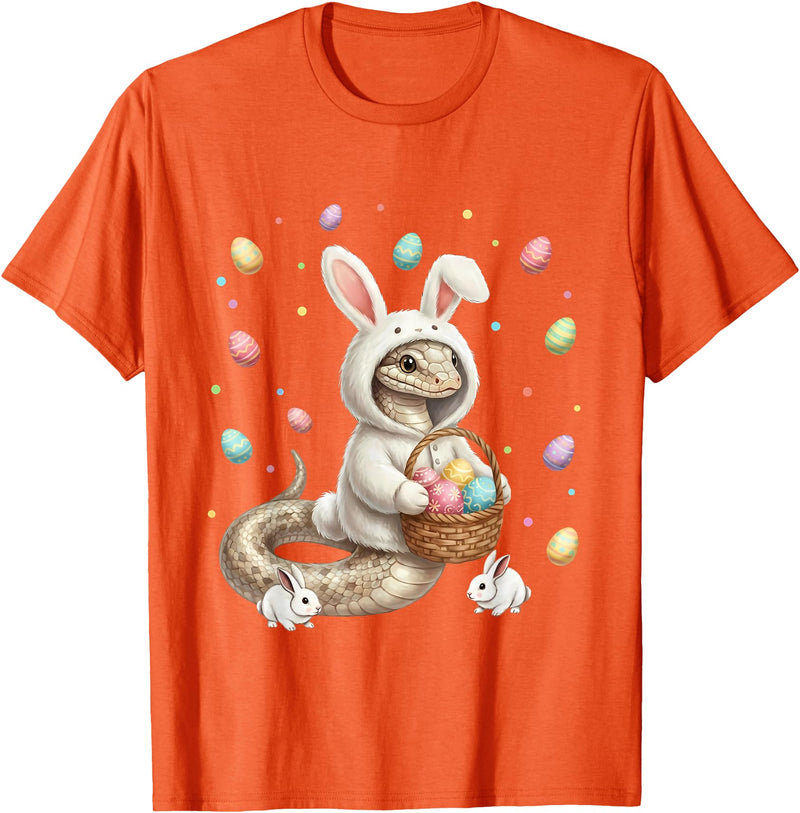 Cute Easter Bunny Rabbit with Eggs Whimsical Snake Design T-Shirt in Orange