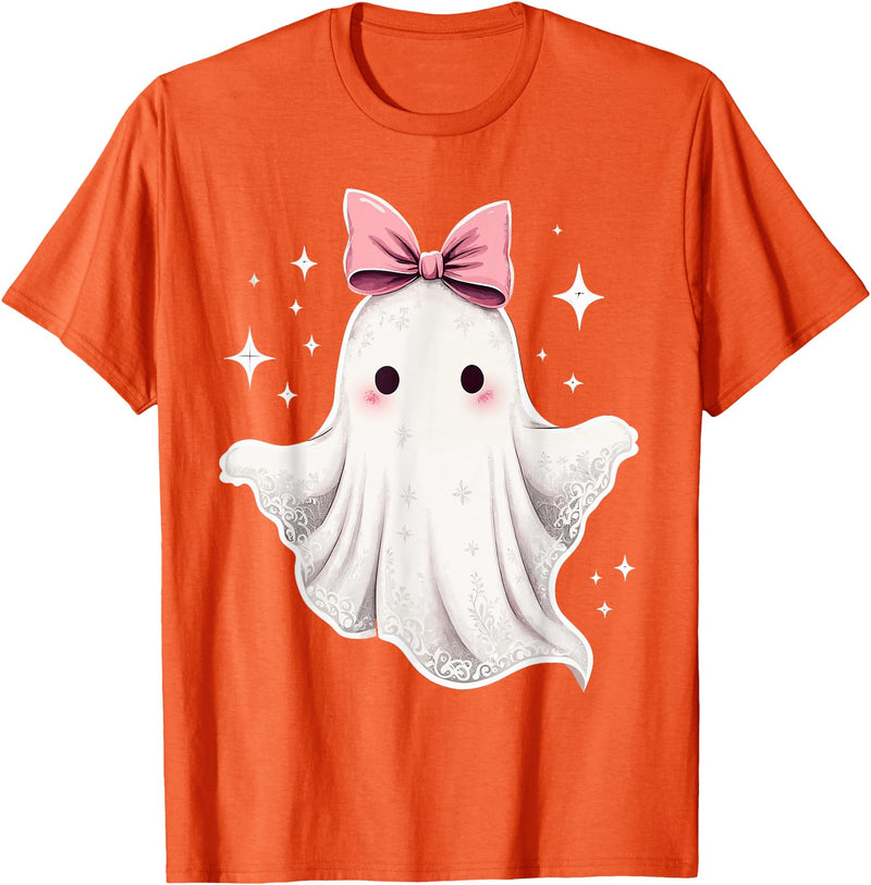 Halloween Ghost Coquette Bow Tee Ghost Coquette Bow Halloween Kawaii Girls Women Spooky T-Shirt - Orange