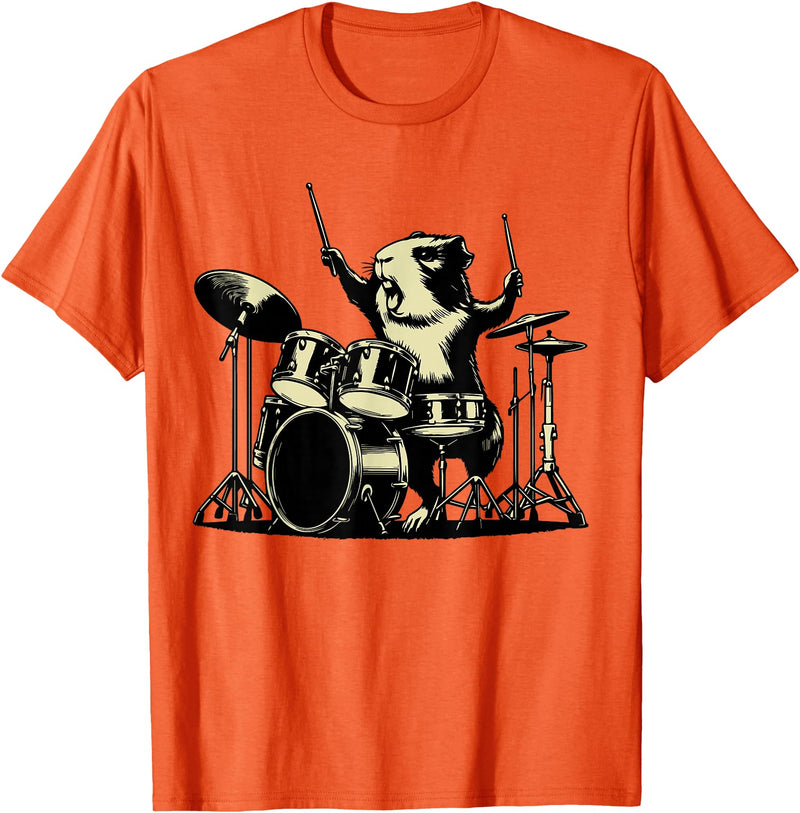 Retro Drummer Guinea Pig Lover Rock Design Guinea Pig Drummer Rock Drummer Guinea Pig Playing Drums T-Shirt - Orange