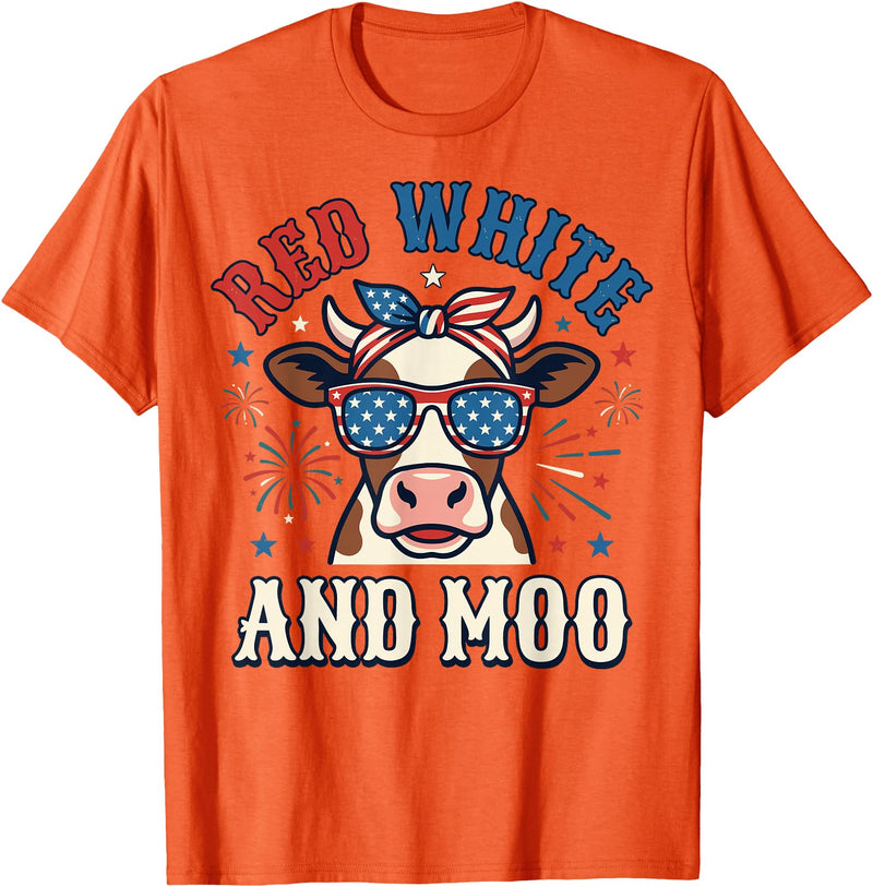 Patriotic Farm Cow Independence Day Red White and Moo Patriotic USA Flag Cow 4th of July T-Shirt - Orange