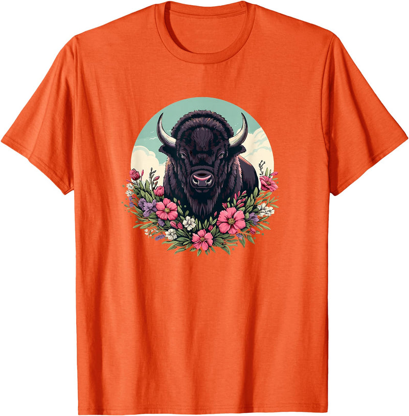 Wild Plains Buffalo Bison Gifts T Shirts & Hoodies Womens Girls Old West Retro Vintage Floral Buffalo Lover T-Shirt - Orange