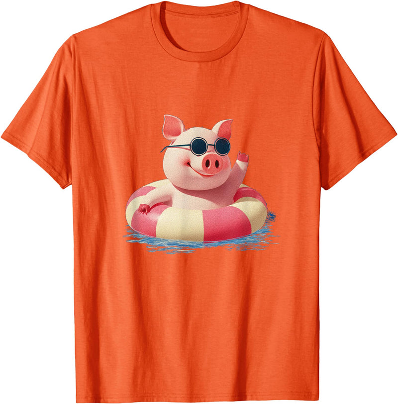 Vacation Pig Outfit Pig Sunglasses Graphic with Beach Ring T-Shirt - Orange