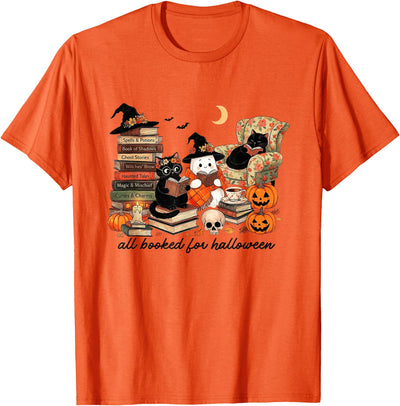 Halloween Pumpkin Spooky Season Fall Vibes Apparel All Booked for Halloween Black-Cat Ghost Reading Book Lovers T-Shirt
