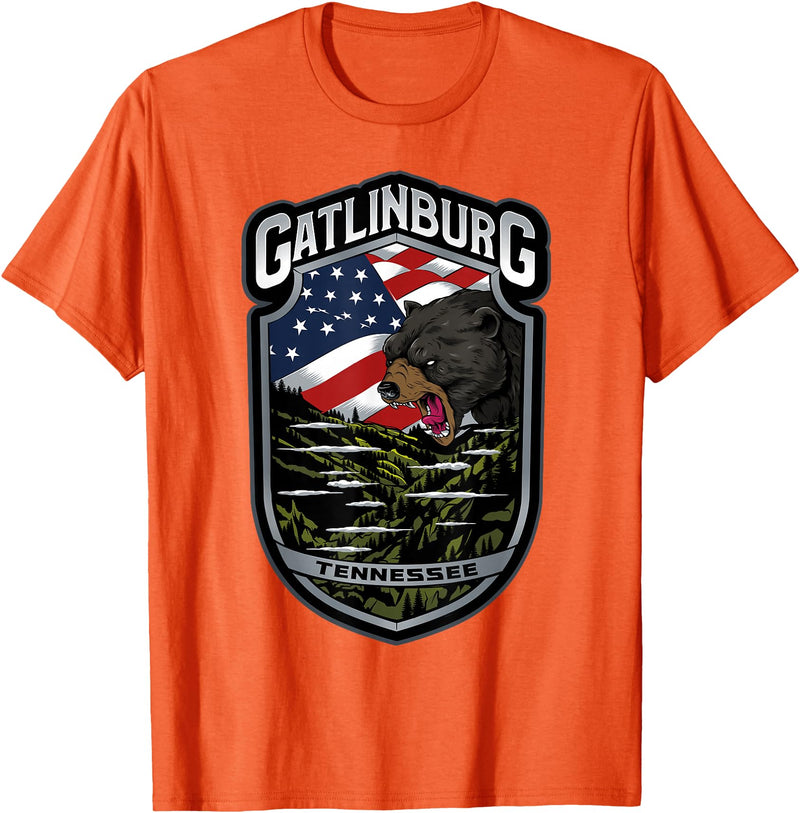 Great Smoky Mountains National Park Souvenirs Gatlinburg Tennessee Souvenirs Bears Gifts TN American Flag T-Shirt - Orange