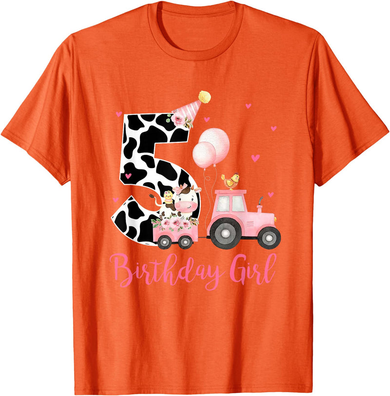 Milk Cow Print 5 Year Old Girl Birthday Gift 5th Birthday Outfit Girl 5 Year Old Farm Cow Chick Tractor T-Shirt - Orange